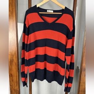 J Crew Sweater Mens Blue Red Striped Cotton Cashmere V Neck Pullover XL Grunge